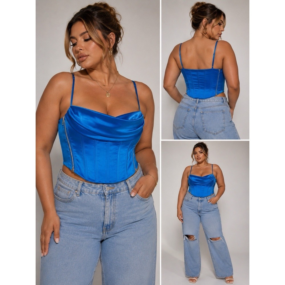 MESHKI Blue Satin Like Corset Crop Top XL Off Shoulder Cowl Neck Party Clubwear